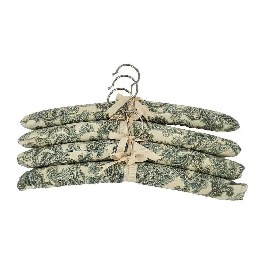 Set of 4 Padded‎ Clothes Hangers Teal Cream Paisley Fabric Ribbon Bow 15.5 Inch